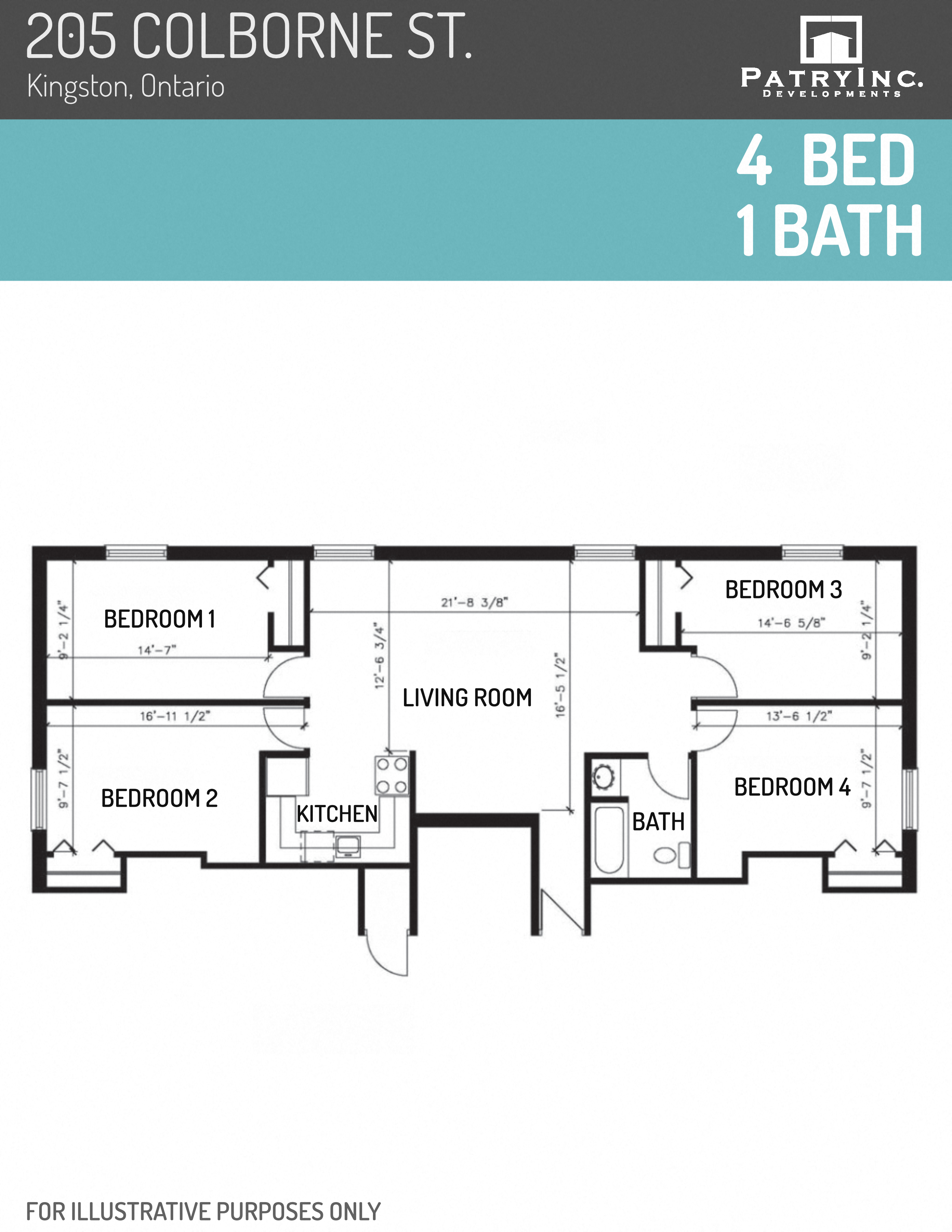 Floor plan for 4 beds, 1 bath
